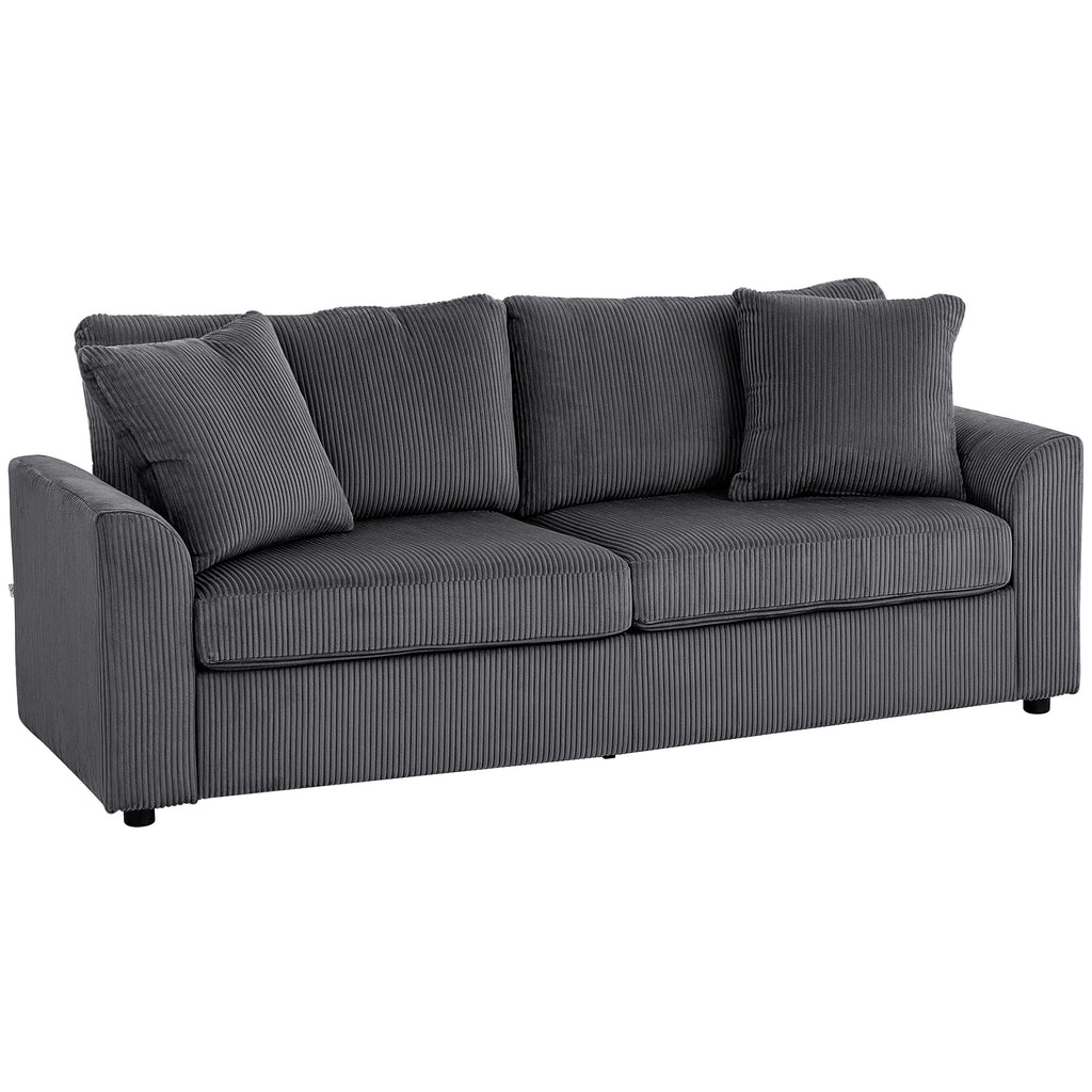 Canapé 3 places 212 cm avec 2 coussins à ressorts, tissu velours côtelé, pour salon, chambre, bureau à domicile, gris foncé
