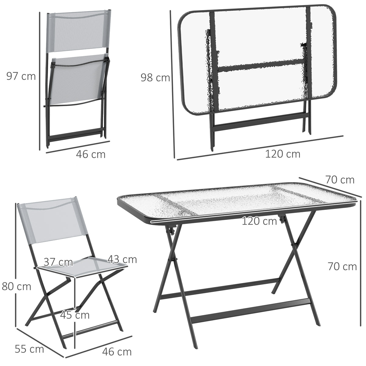 Gartenmöbel-Set, 4 Stühle + 1 Tisch, 5-teilige Gartenlounge, stapelbare Textilene-Stühle, Tischplatte aus grauem Sicherheitsglas