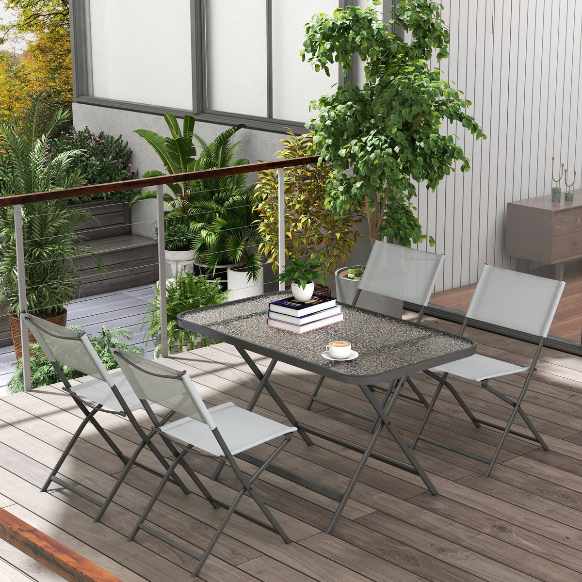 Gartenmöbel-Set, 4 Stühle + 1 Tisch, 5-teilige Gartenlounge, stapelbare Textilene-Stühle, Tischplatte aus grauem Sicherheitsglas