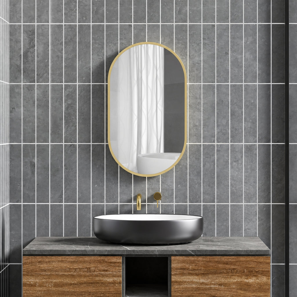 Miroir ovale mural cadre en aluminium style minimaliste montage vertical ou horizontal avec 3 crochets 40 x 70 cm doré