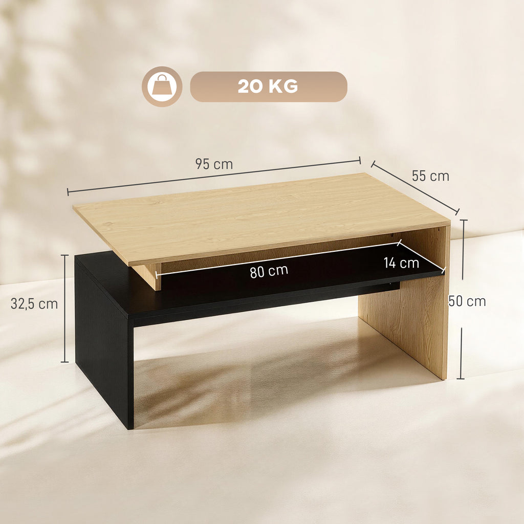 Table Basse Moderne Bicolore à Niveaux Décalés avec Étagère de Rangement, 95 x 55 x 50 cm, Bois Naturel et Noir