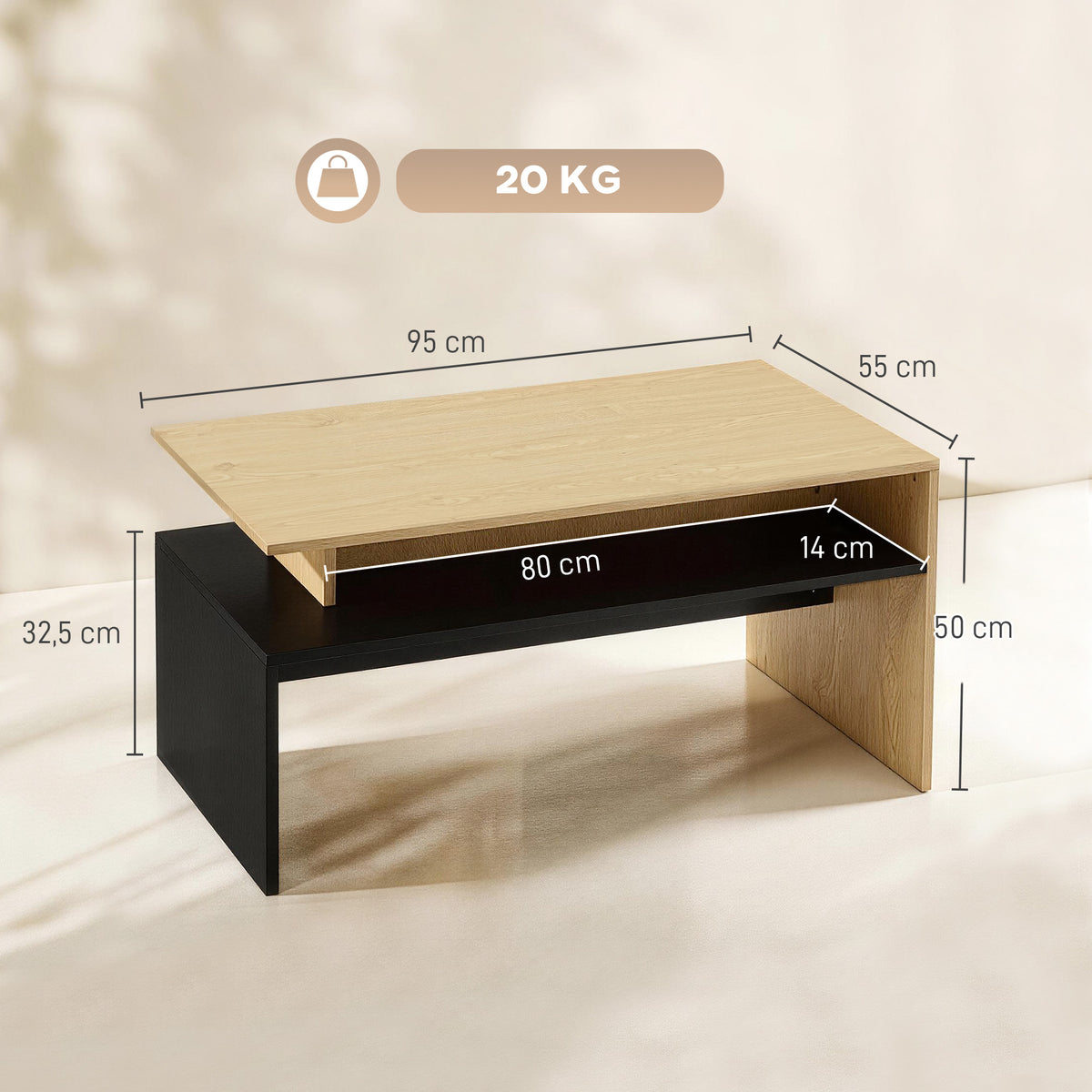Table Basse Moderne Bicolore à Niveaux Décalés avec Étagère de Rangement, 95 x 55 x 50 cm, Bois Naturel et Noir