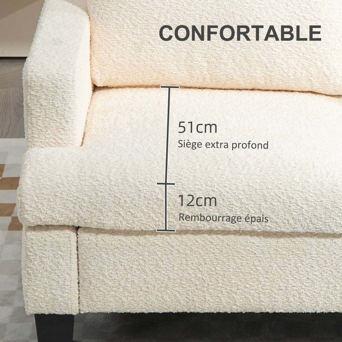 Canapé 2 places 120 cm avec coussins de dossier amovibles, tissu chenille pour salon, chambre, bureau, beige