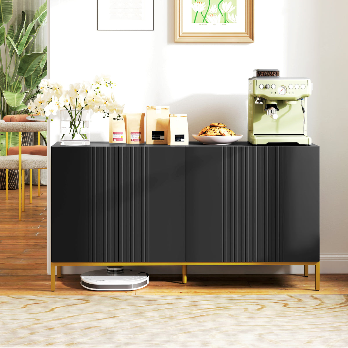 Buffet design contemporain graphique 2 placards porte étagères réglables en bois noir métal doré