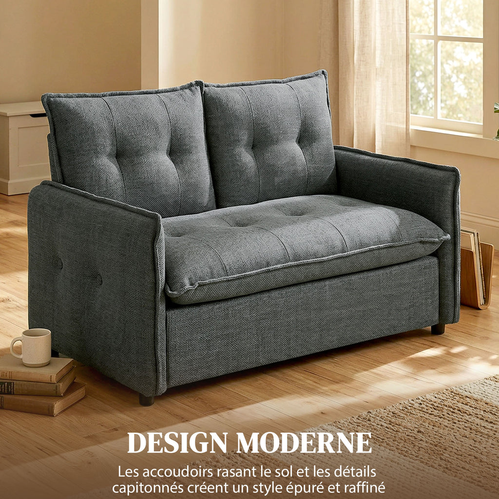Canapé 2 places, canapé de salon moderne 131 cm avec assise rembourrée, coussins à ressorts, tissu en lin, gris foncé