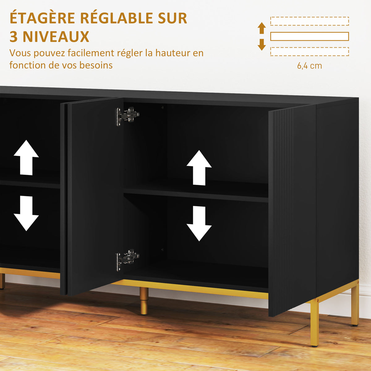 Buffet design contemporain graphique 2 placards porte étagères réglables en bois noir métal doré