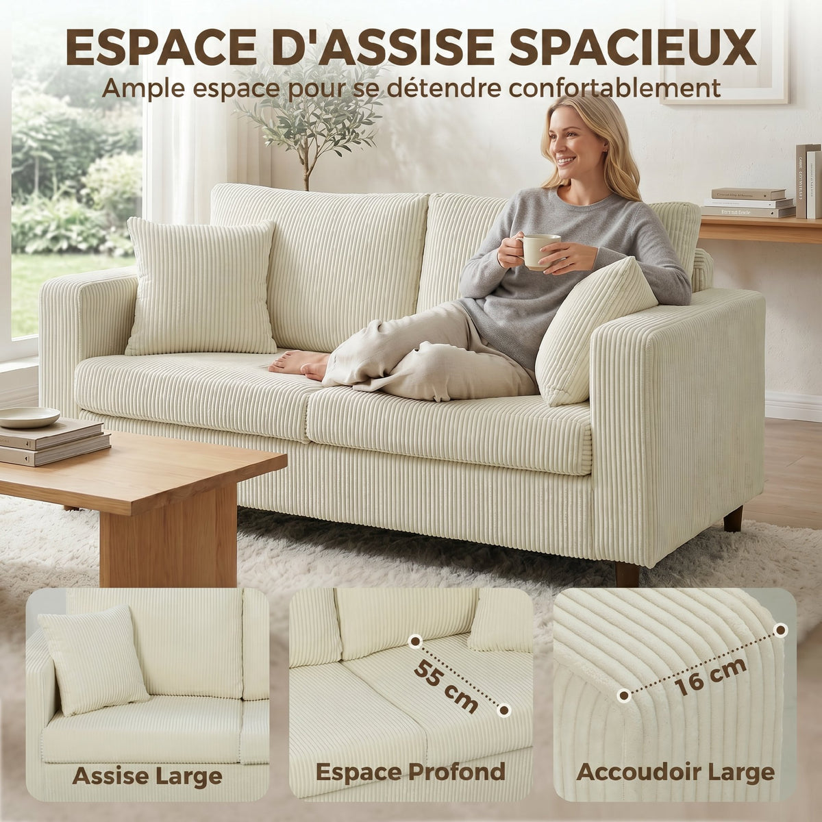 2-Sitzer-Sofa aus Cord, modernes Wohnzimmersofa 170 cm, breite Sitzfläche, Federkernpolsterung, Creme