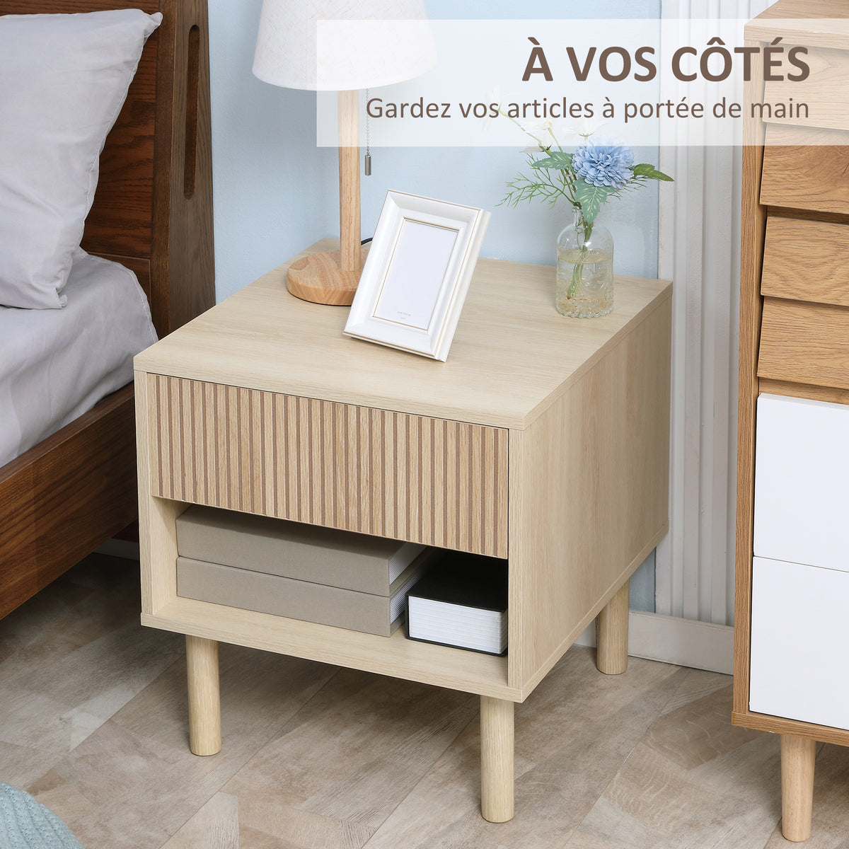 Table de chevet table de nuit avec tiroirs et niches, table d'appoint style moderne pour chambre à coucher, salon, dim. 47 x 47 x 50 cm, finition bois naturel