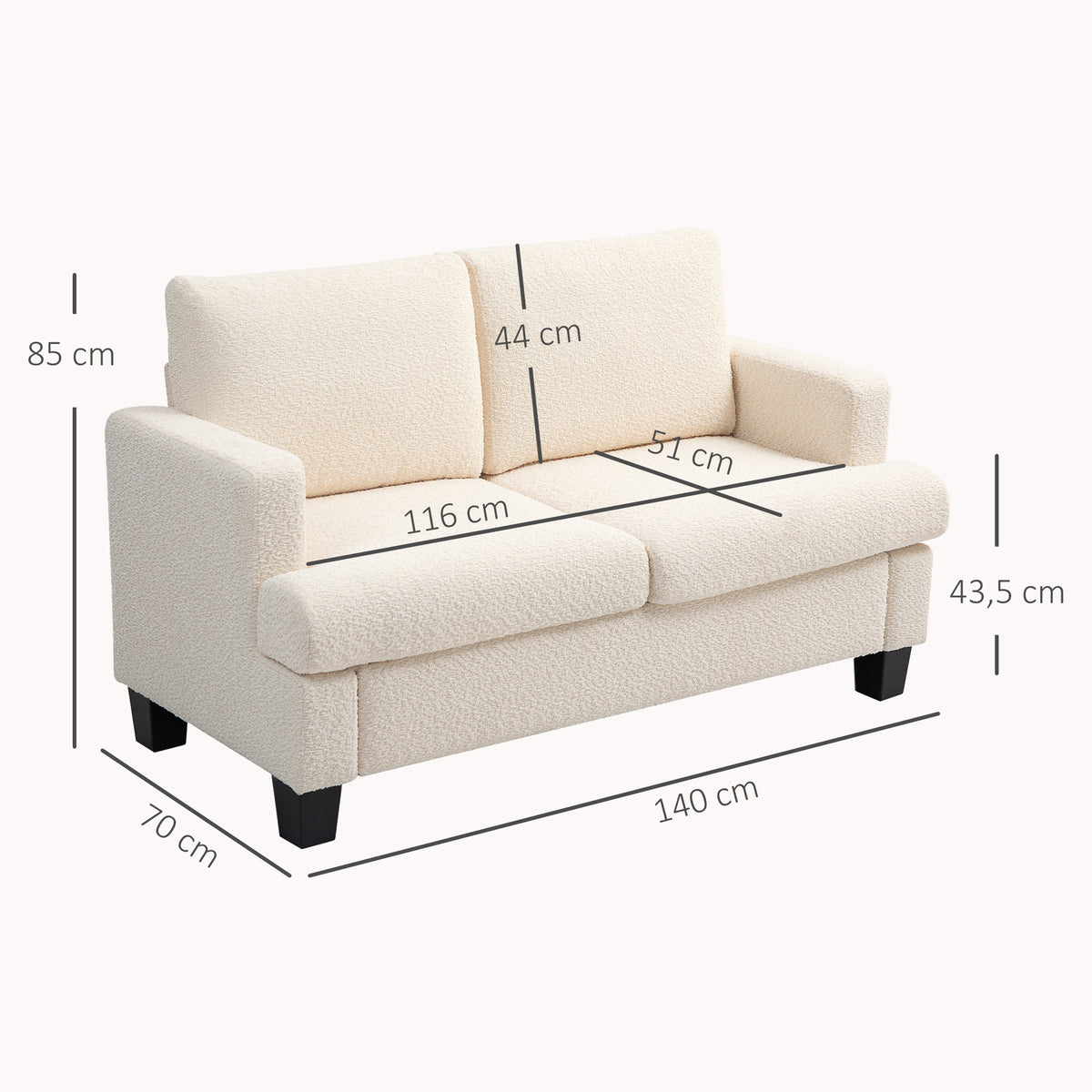 Canapé 2 places 120 cm avec coussins de dossier amovibles, tissu chenille pour salon, chambre, bureau, beige