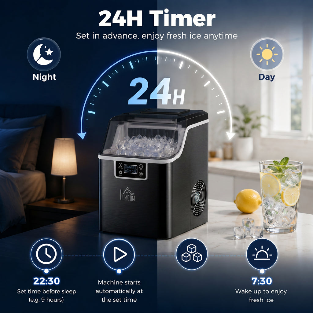 Eiswürfelmaschine, 20 kg in 24 Std., 24 Eiswürfel in 14-18 Min., Ice Maker mit Selbstreinigungsfunktion, 25,2x36x37,1 cm, schwarz