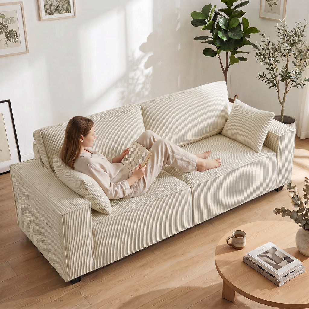 Canapé 3 places en velours côtelé 218 cm, canapé salon,  coussins à ressorts, larges accoudoirs, 2 coussins, beige