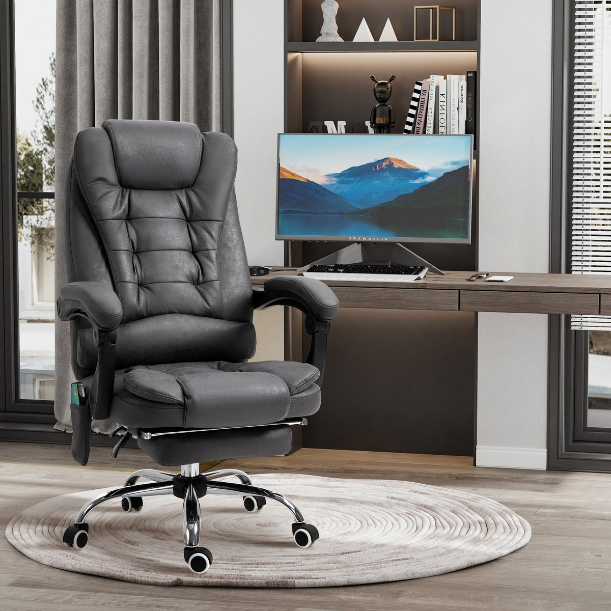 Fauteuil de bureau massant chauffant hauteur réglable dossier inclinable repose-pied + coussin lombaires intégrés
