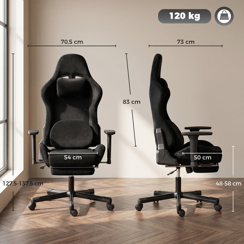 Chaise Gaming Ergonomique Massante et Coussin Lombaire Chauffant, Fauteuil Gaming Inclinable en Lin, Accoudoirs 3D, Noir