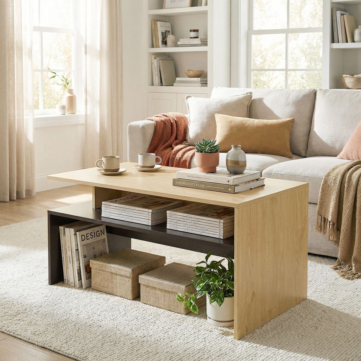 Table Basse Moderne Bicolore à Niveaux Décalés avec Étagère de Rangement, 95 x 55 x 50 cm, Bois Naturel et Noir