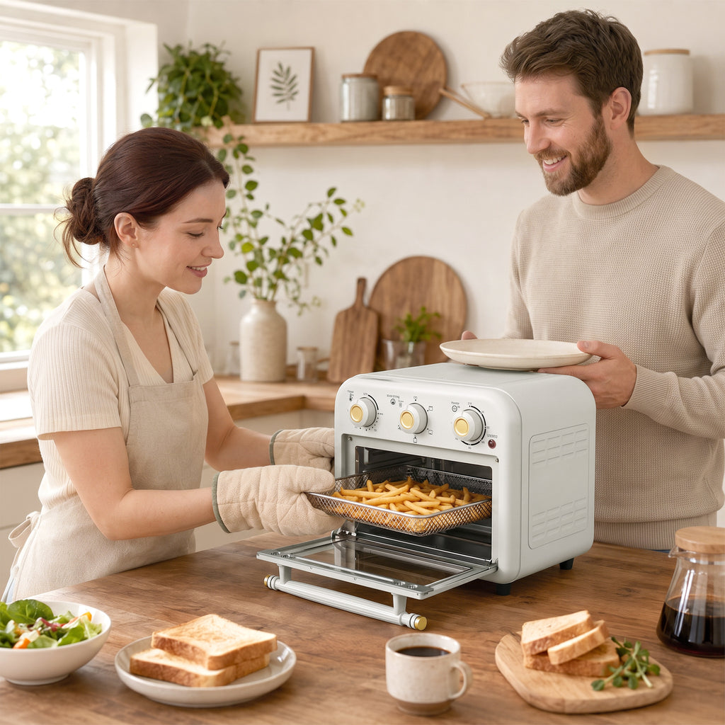 Four Friteuse à Air Chaud 12L, Four à Air Chaud Convection 1200 W avec Plaque de Cuisson, Panier de Friture, Crème