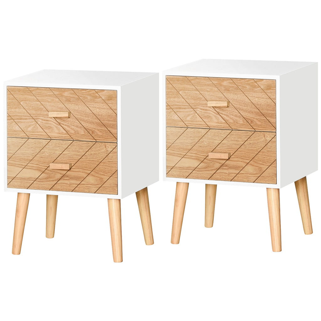 Chevet Table de Nuit Design scandinave 40L x 30l x 56H cm tiroirs Bois Massif pin MDF Blanc et hêtre Motif Graphique