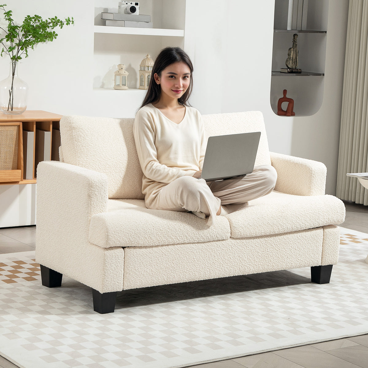 Canapé 2 places 120 cm avec coussins de dossier amovibles, tissu chenille pour salon, chambre, bureau, beige