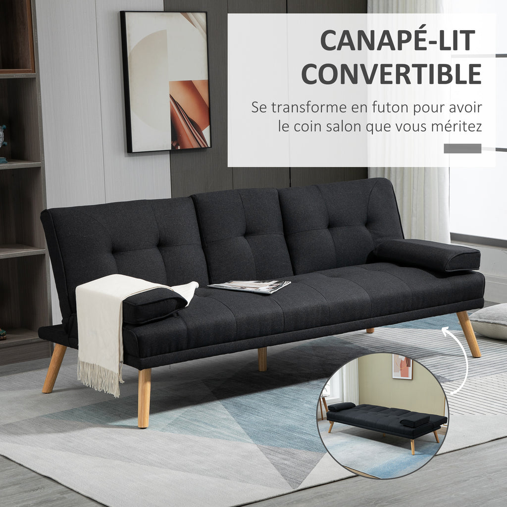Canapé convertible 3 places, canapé-lit rembourré avec dossier réglable 3 niveaux, 2 coussins et 2 porte-gobelets intégrés, tissu de lin, pour salon, chambre d'amis, petit espace, gris