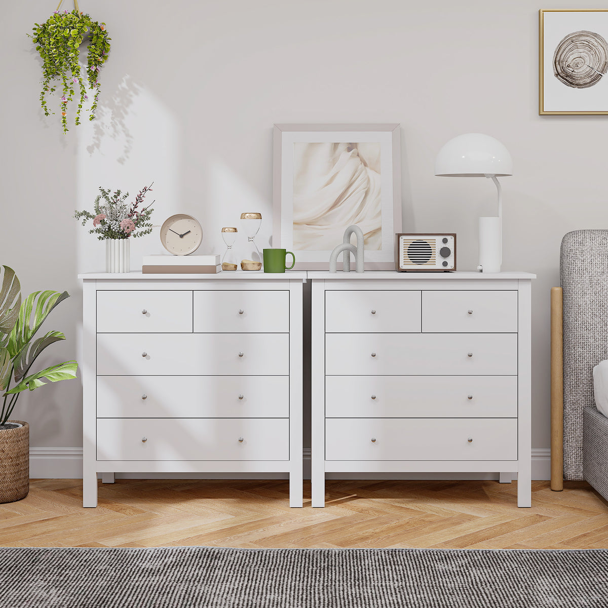 Commode à 5 tiroirs, meuble de rangement, avec poignées, glissières métalliques,  en bois, 79l x 39,5P x 80,5H cm, blanc