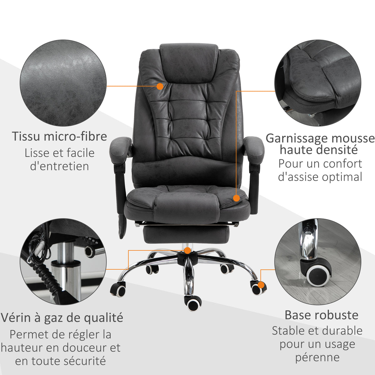 Fauteuil de bureau massant chauffant hauteur réglable dossier inclinable repose-pied + coussin lombaires intégrés