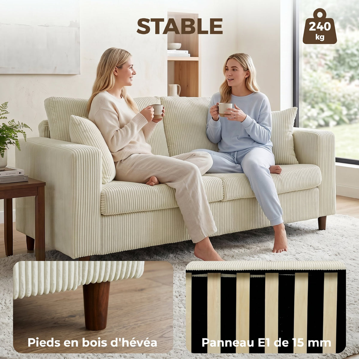 2-Sitzer-Sofa aus Cord, modernes Wohnzimmersofa 170 cm, breite Sitzfläche, Federkernpolsterung, Creme