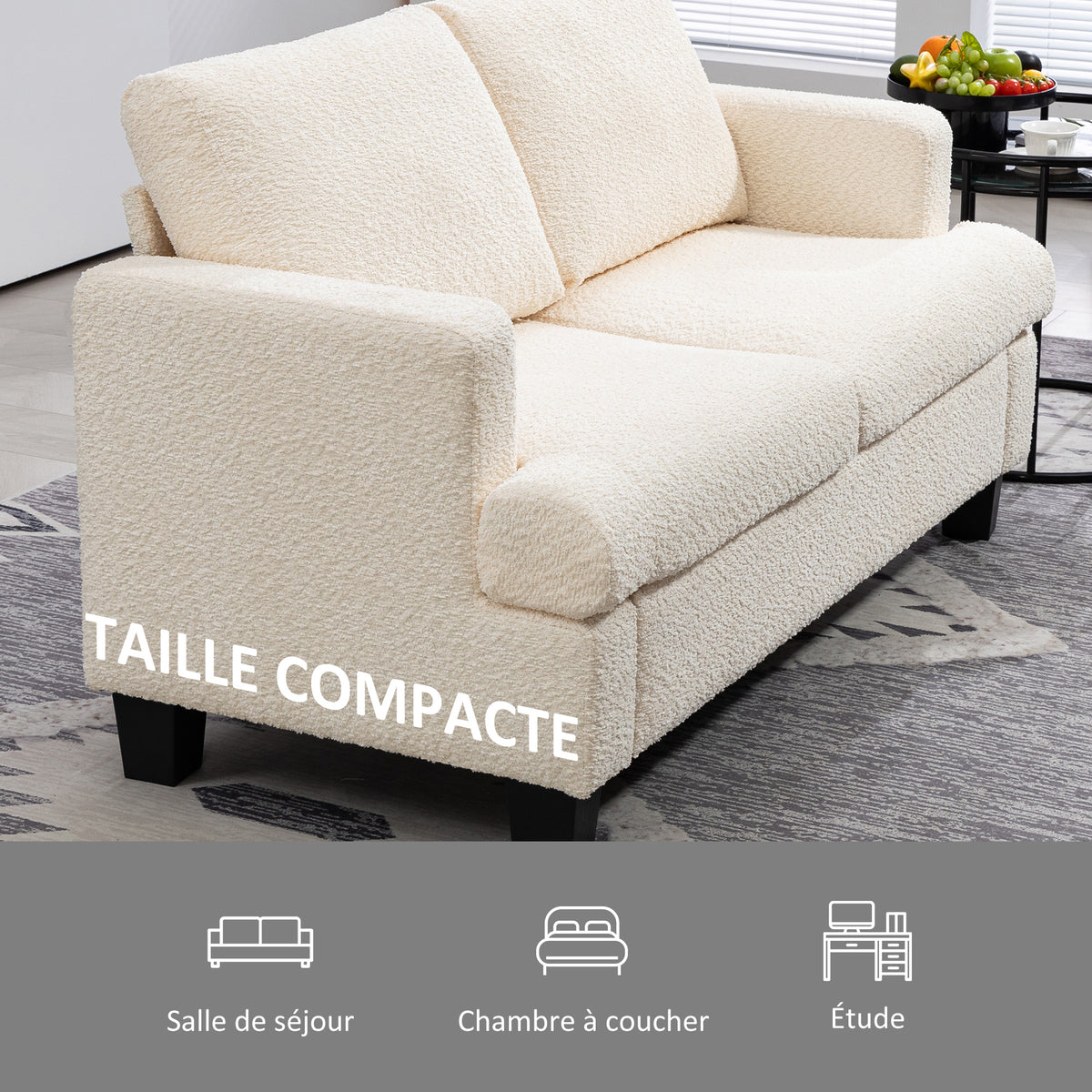 Canapé 2 places 120 cm avec coussins de dossier amovibles, tissu chenille pour salon, chambre, bureau, beige