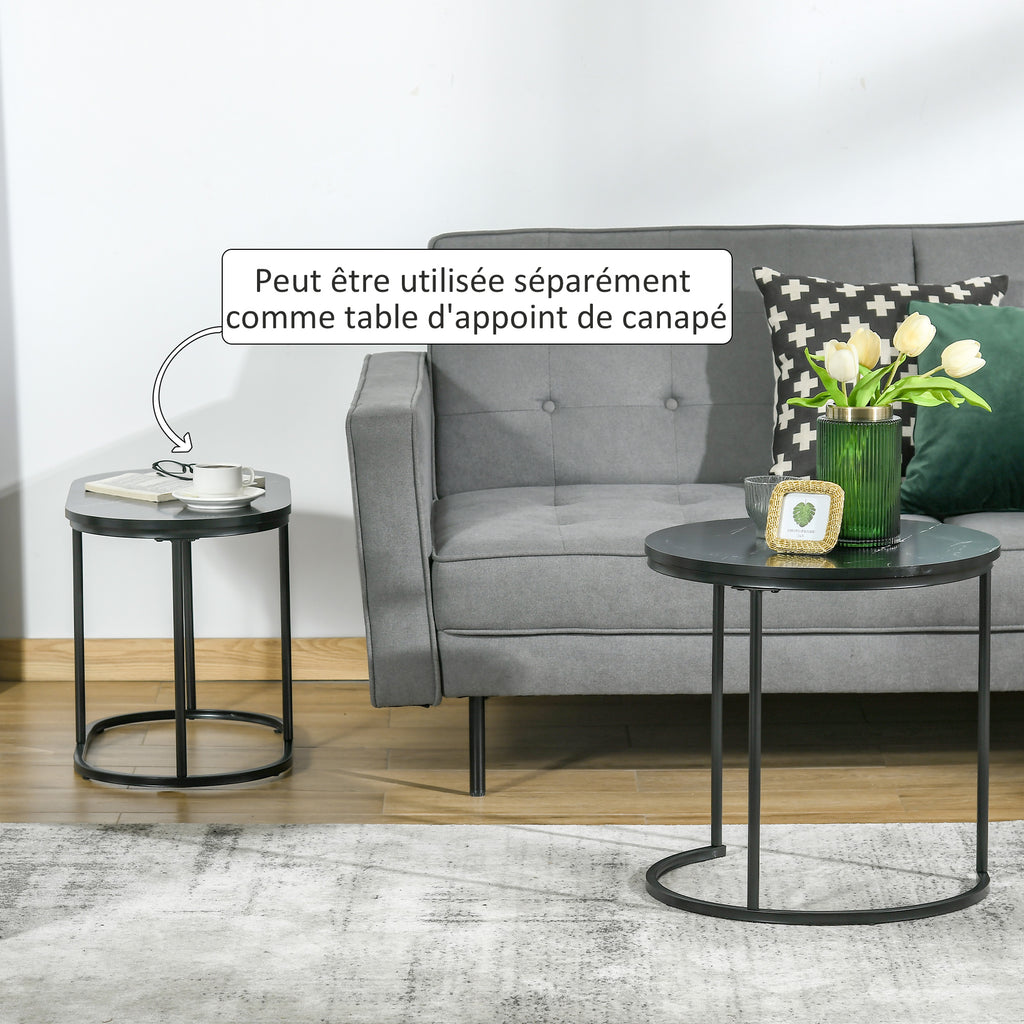 Lot de 2 tables basses tables d'appoint gigognes en acier et plateau MDF aspect marbre - table ronde et ovale - noir
