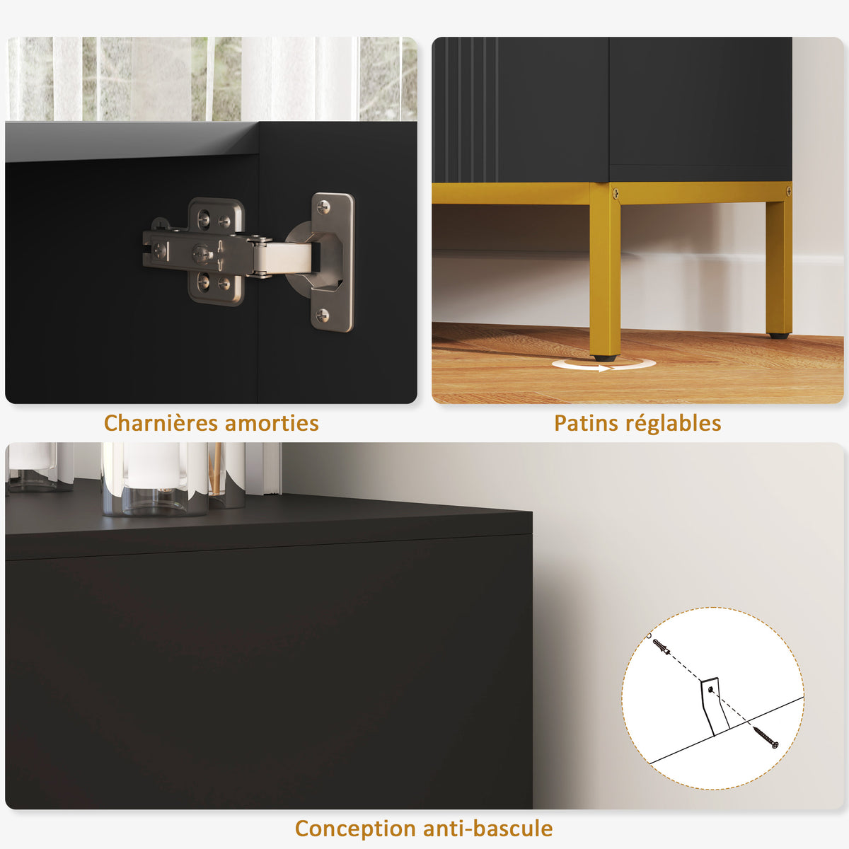 Buffet design contemporain graphique 2 placards porte étagères réglables en bois noir métal doré