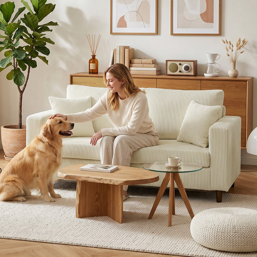 2-Sitzer-Sofa aus Cord, modernes Wohnzimmersofa 170 cm, breite Sitzfläche, Federkernpolsterung, Creme