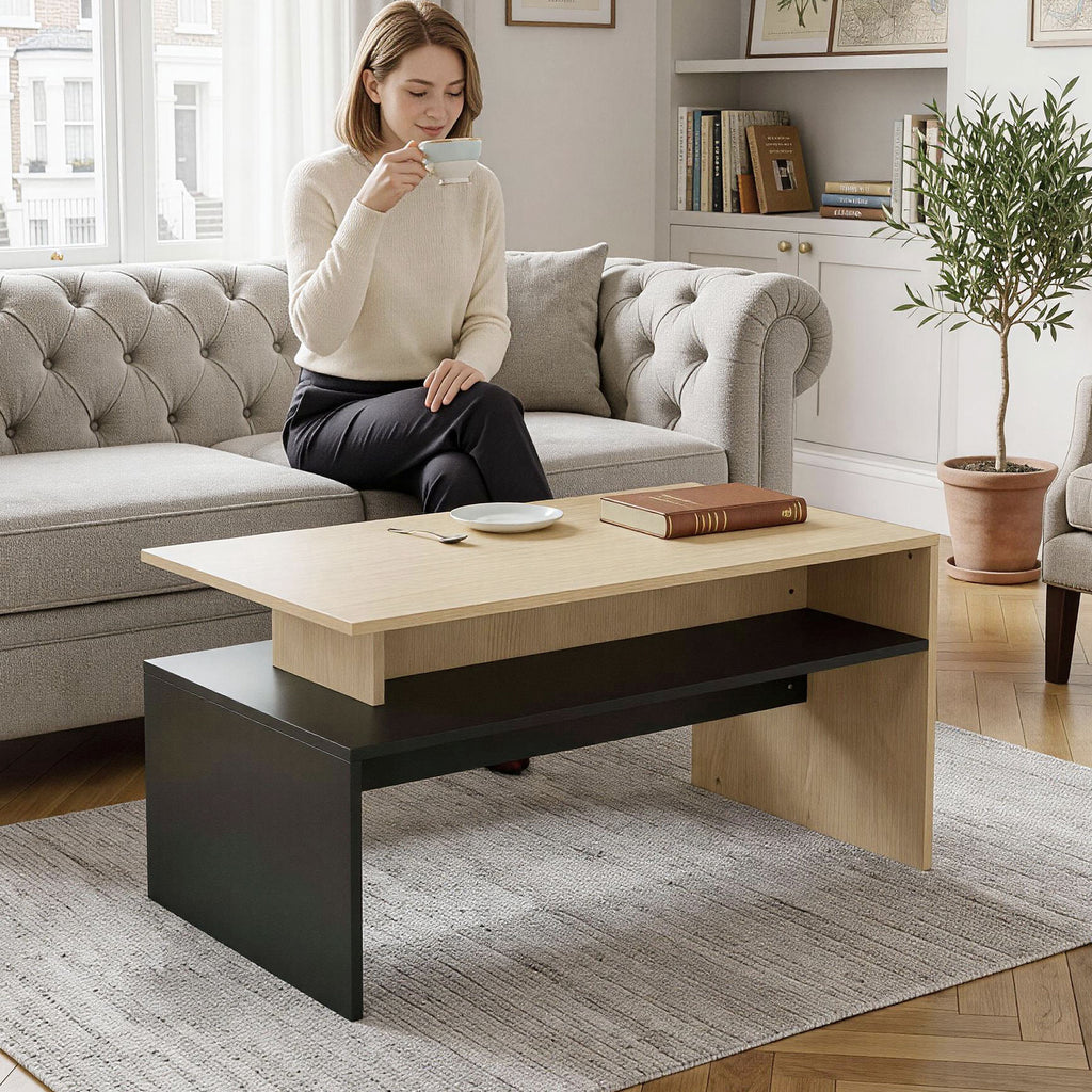 Table Basse Moderne Bicolore à Niveaux Décalés avec Étagère de Rangement, 95 x 55 x 50 cm, Bois Naturel et Noir