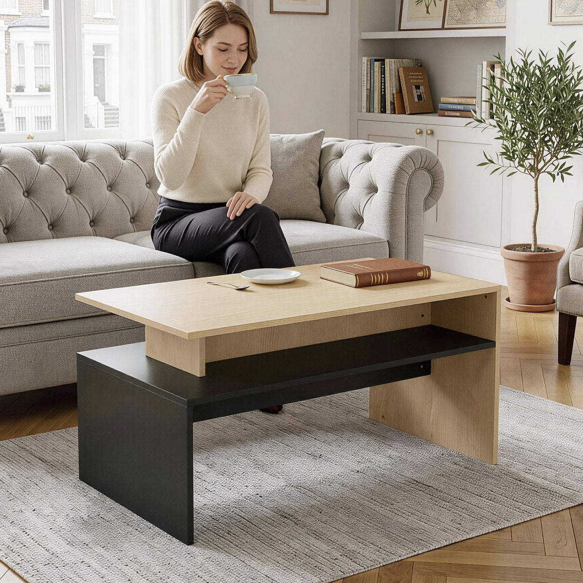 Table Basse Moderne Bicolore à Niveaux Décalés avec Étagère de Rangement, 95 x 55 x 50 cm, Bois Naturel et Noir