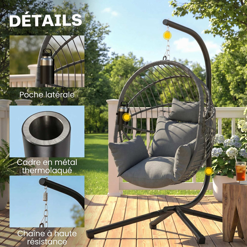 Fauteuil œuf suspendu, chaise hamac balançoire intérieur et extérieur, panier pliable, coussin rembourré, gris