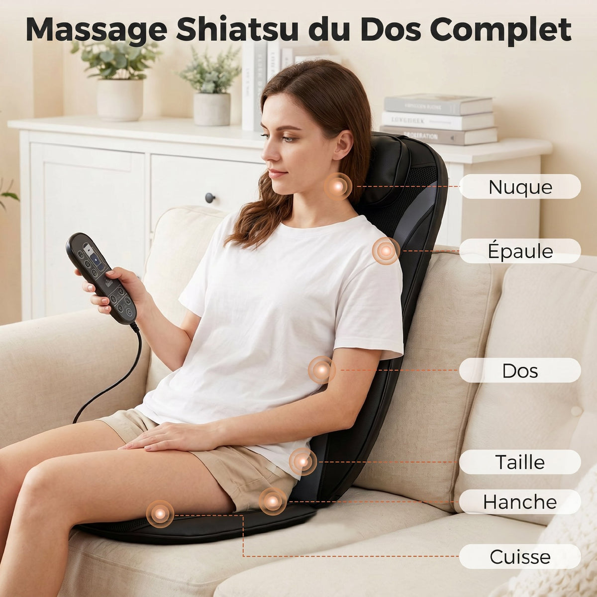 Masseur Dorsal Chauffant, Fauteuil de Massage Tissulaire Profond Vibration 3 Niveaux, Coussin de Massage
