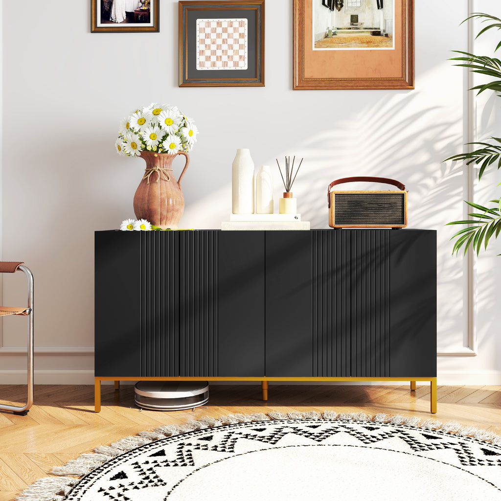 Buffet design contemporain graphique 2 placards porte étagères réglables en bois noir métal doré