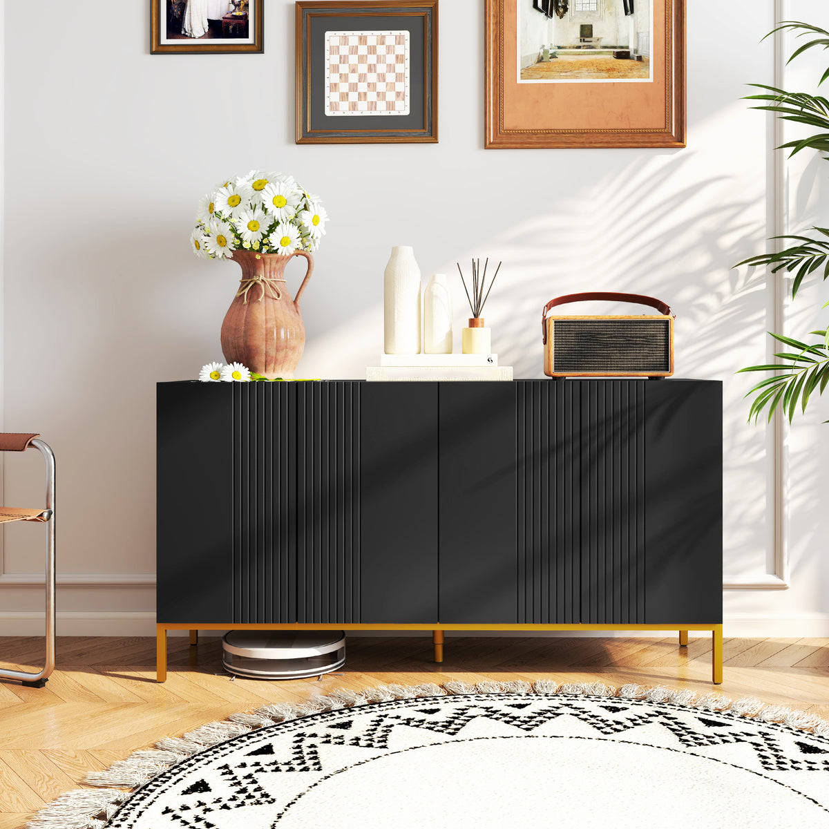 Buffet design contemporain graphique 2 placards porte étagères réglables en bois noir métal doré