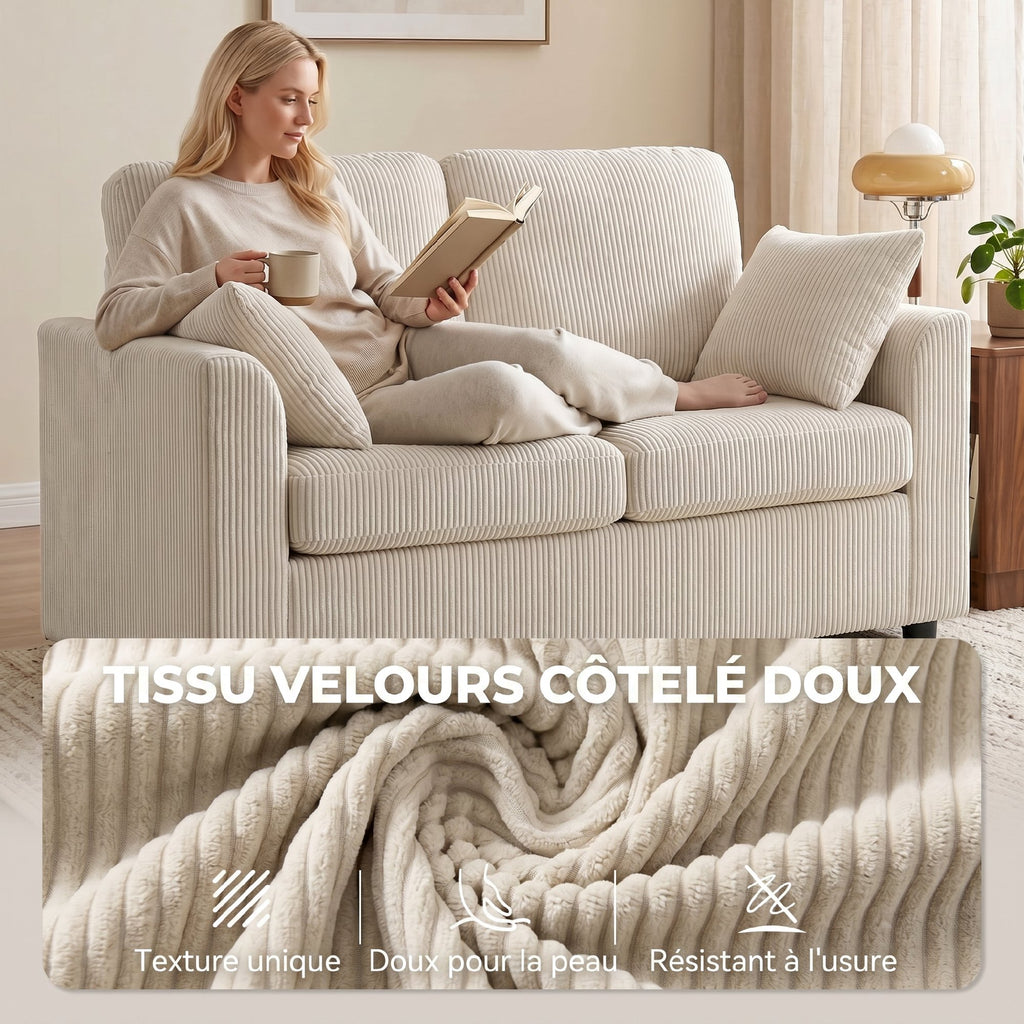 Canapé 2 Places en Velours Côtelé, Canapé de Salon 144 cm avec Assise Large Rembourrée, 2 Oreillers, Beige