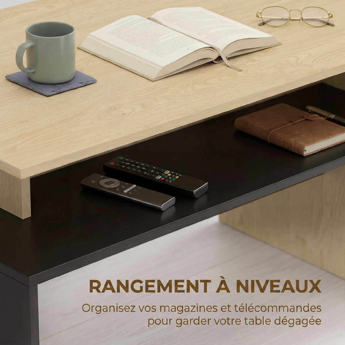 Table Basse Moderne Bicolore à Niveaux Décalés avec Étagère de Rangement, 95 x 55 x 50 cm, Bois Naturel et Noir