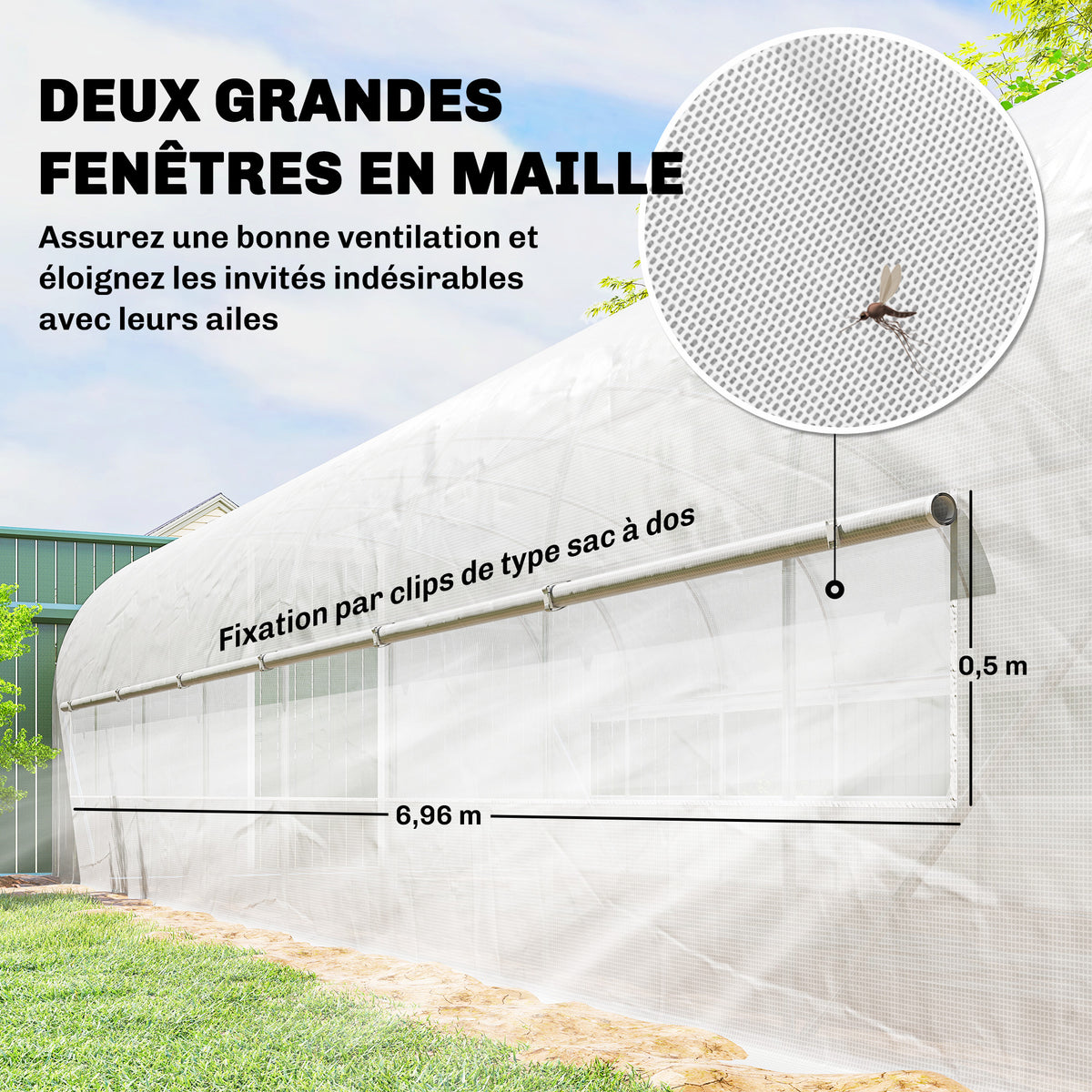 Gartentunnel-Gewächshaus 24m², Tunnel-Gewächshaus mit verzinktem Stahlrahmen, Türen und 2 großen Fenstern, weiß