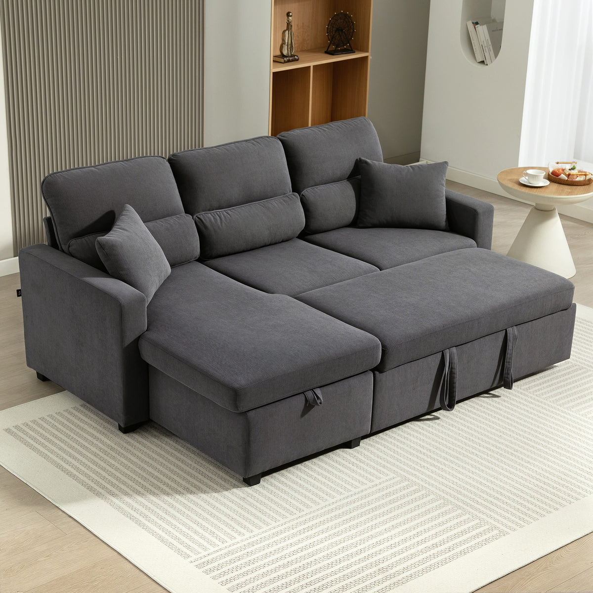 Canapé d'angle convertible en velours côtelé, canapé-lit 3 places avec rangement caché, coussins, 205x135x76cm, gris