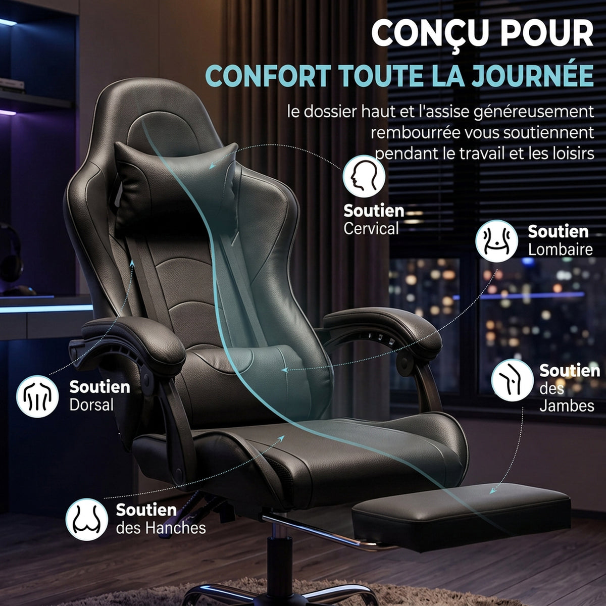 Chaise Gaming Ergonomique avec Coussin Lombaire Massant, Fauteuil Gaming Inclinable en Cuir Synthétique, Noir