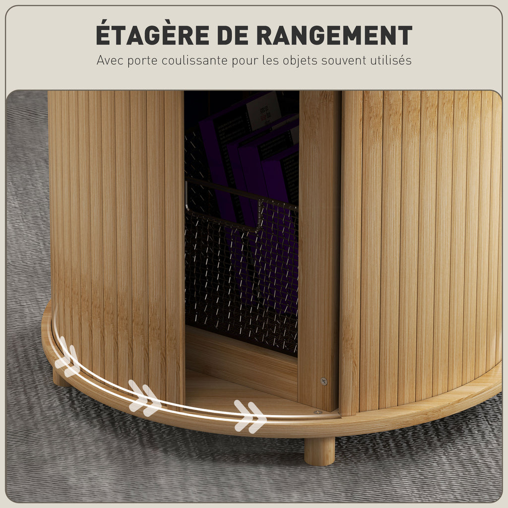 Table basse ronde table de salon en bambou avec rangement caché et porte coulissante, dim. Ø 60 x 45H cm, bois naturel