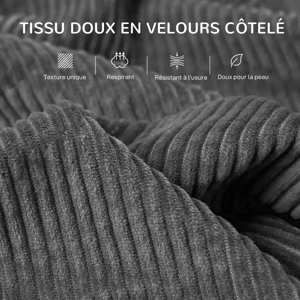 Canapé 3 places 212 cm avec 2 coussins à ressorts, tissu velours côtelé, pour salon, chambre, bureau à domicile, gris foncé
