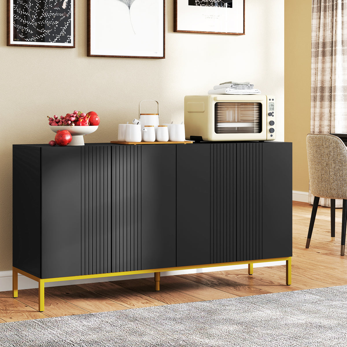 Buffet design contemporain graphique 2 placards porte étagères réglables en bois noir métal doré