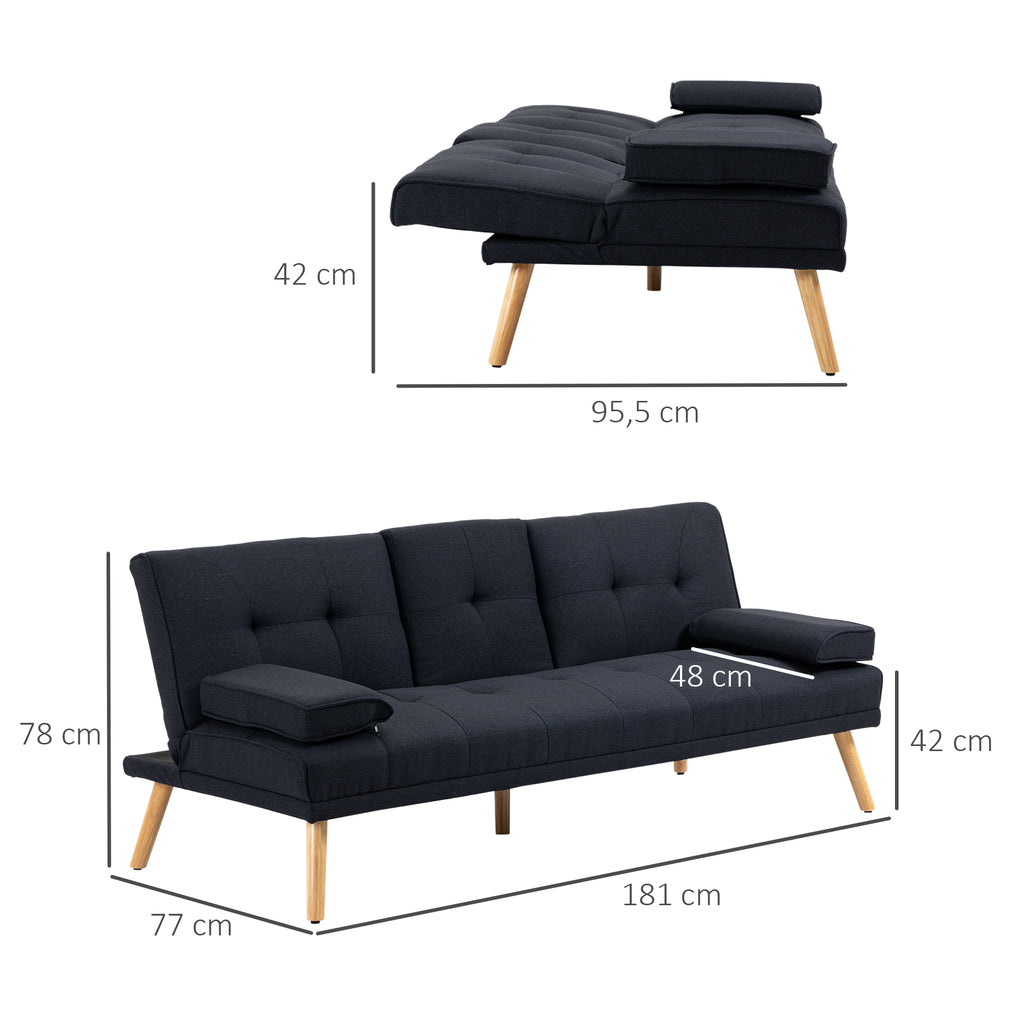 Canapé convertible 3 places, canapé-lit rembourré avec dossier réglable 3 niveaux, 2 coussins et 2 porte-gobelets intégrés, tissu de lin, pour salon, chambre d'amis, petit espace, gris