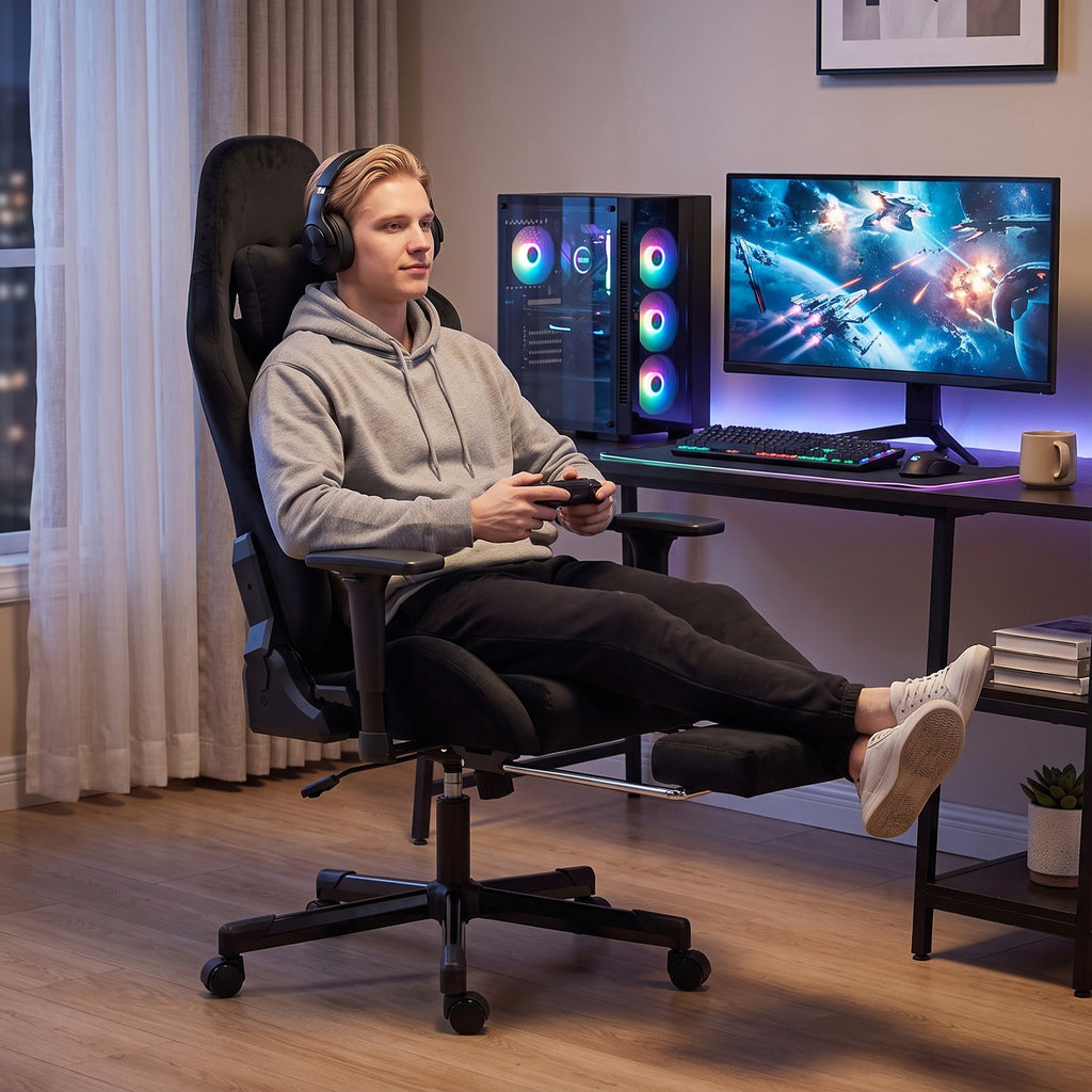 Chaise Gaming Ergonomique Massante et Coussin Lombaire Chauffant, Fauteuil Gaming Inclinable en Lin, Accoudoirs 3D, Noir