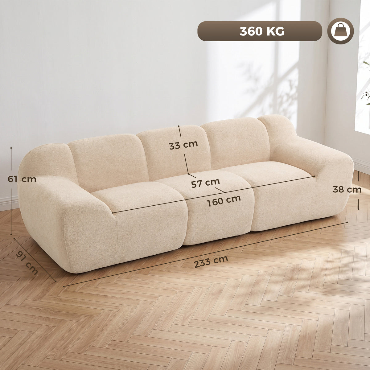 Canapé 3 Places 233 cm, Canapé Salon en Chenille Moderne avec Assise Profonde, Accoudoirs Larges, Beige