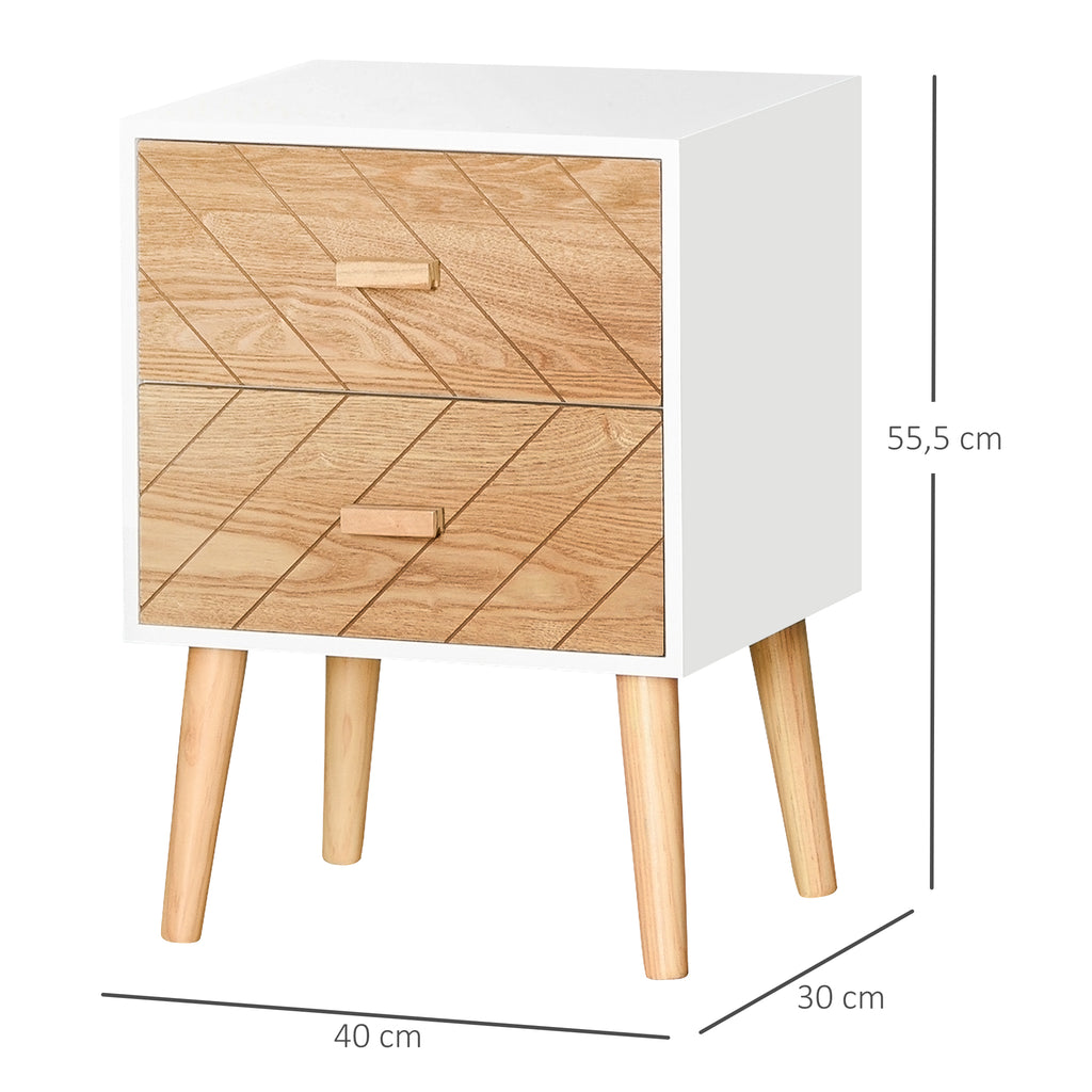 Chevet Table de Nuit Design scandinave 40L x 30l x 56H cm tiroirs Bois Massif pin MDF Blanc et hêtre Motif Graphique