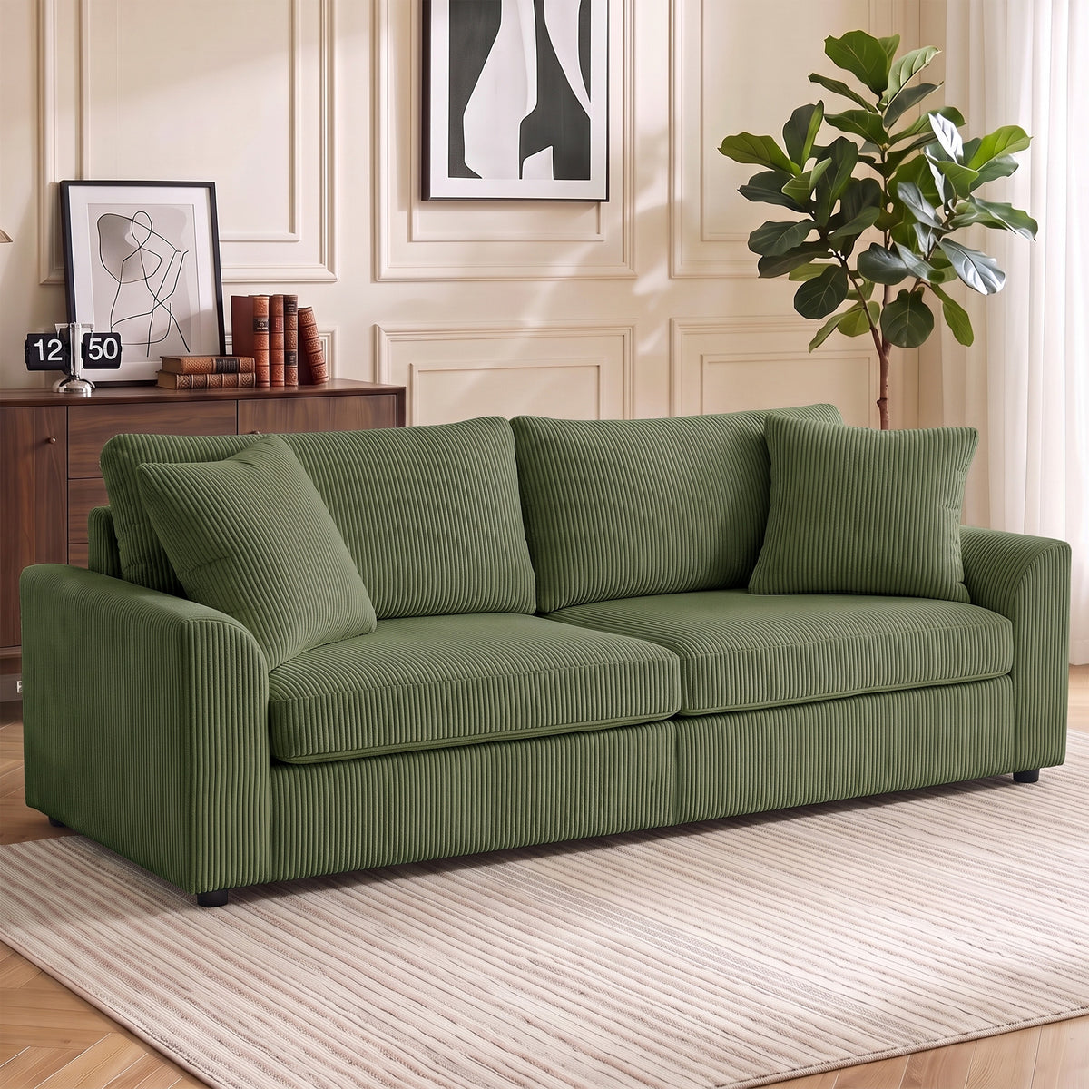 Canapé 3 places 212 cm avec 2 coussins à ressorts, tissu velours côtelé, pour salon, chambre, bureau à domicile, vert
