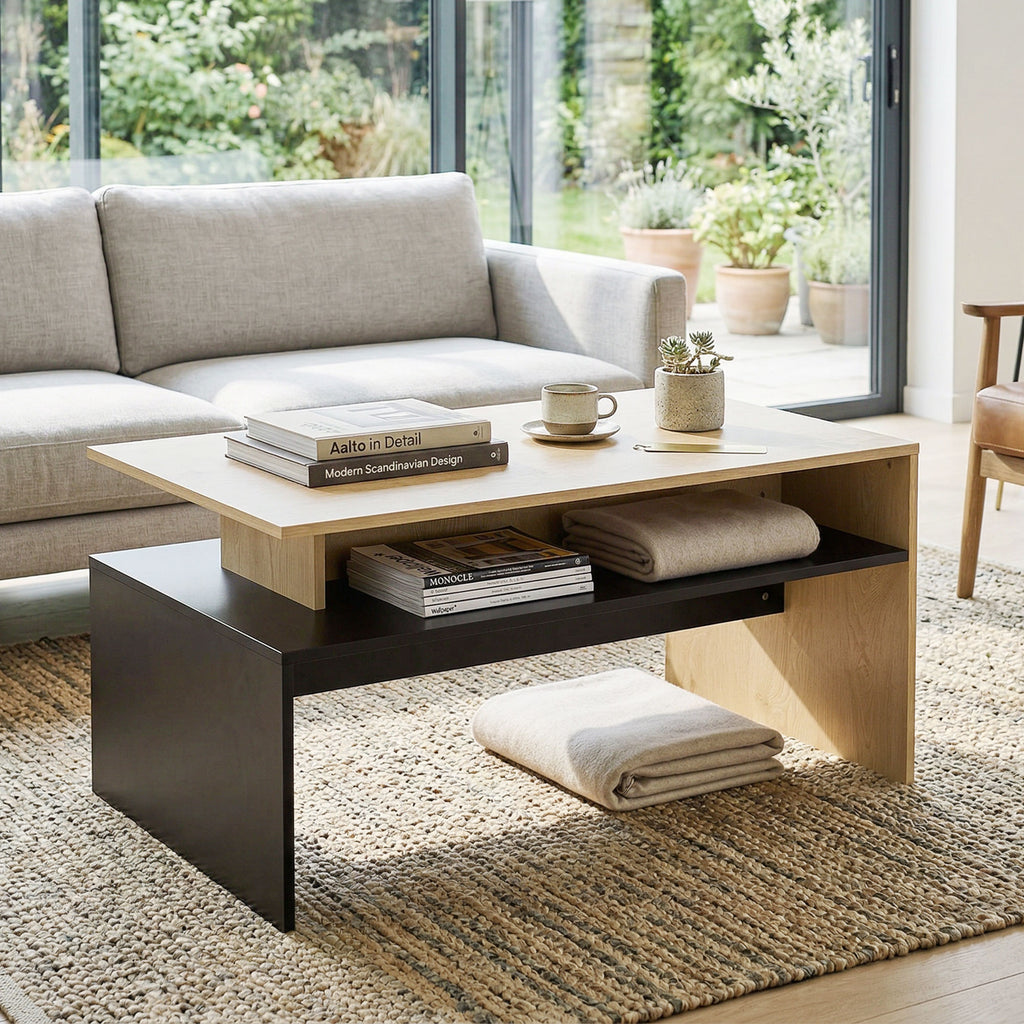 Table Basse Moderne Bicolore à Niveaux Décalés avec Étagère de Rangement, 95 x 55 x 50 cm, Bois Naturel et Noir