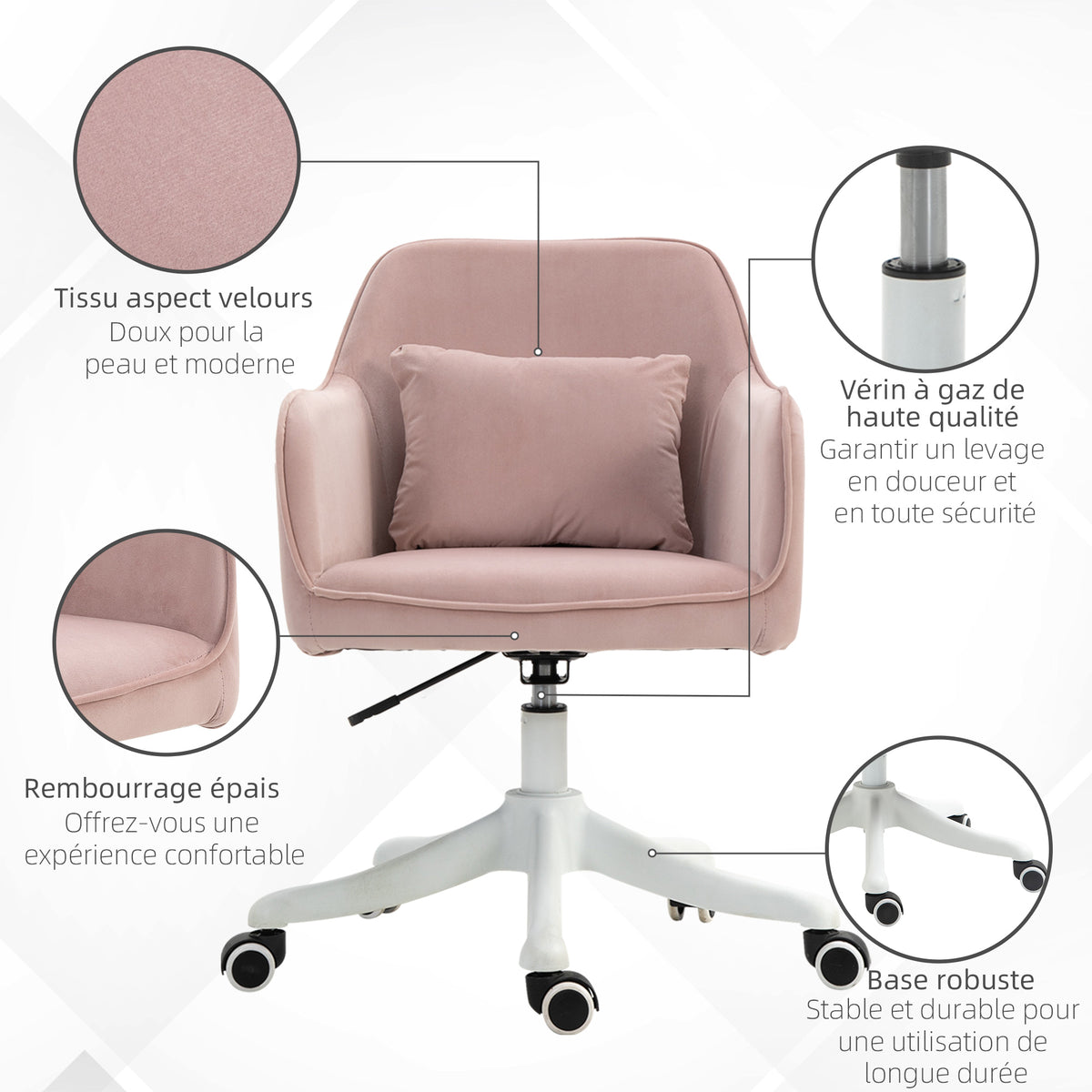 Chaise de bureau velours fauteuil bureau massant coussin lombaire intégré hauteur réglable rose poudré